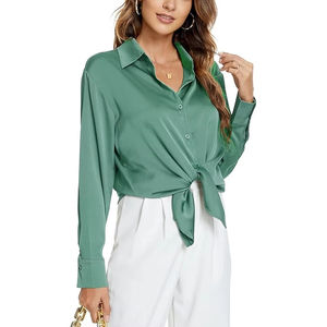 T-shirt tricoté décontracté de couleur unie pour femmes chemise à manches longues teint uni avec élément de mode simple - Product Image 2