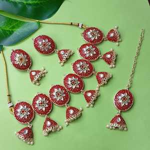 Indian Wholesale Enamel Choker Kundan Necklace Earrings Maang Tikka Jewelry <b>Set</b>, Red - Product Image 1