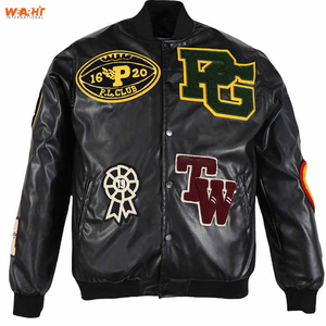 Chaqueta de invierno con cuello levantado de cuero auténtico estilo universitario negro de alta calidad unisex para hombre esencial - Product Image 1