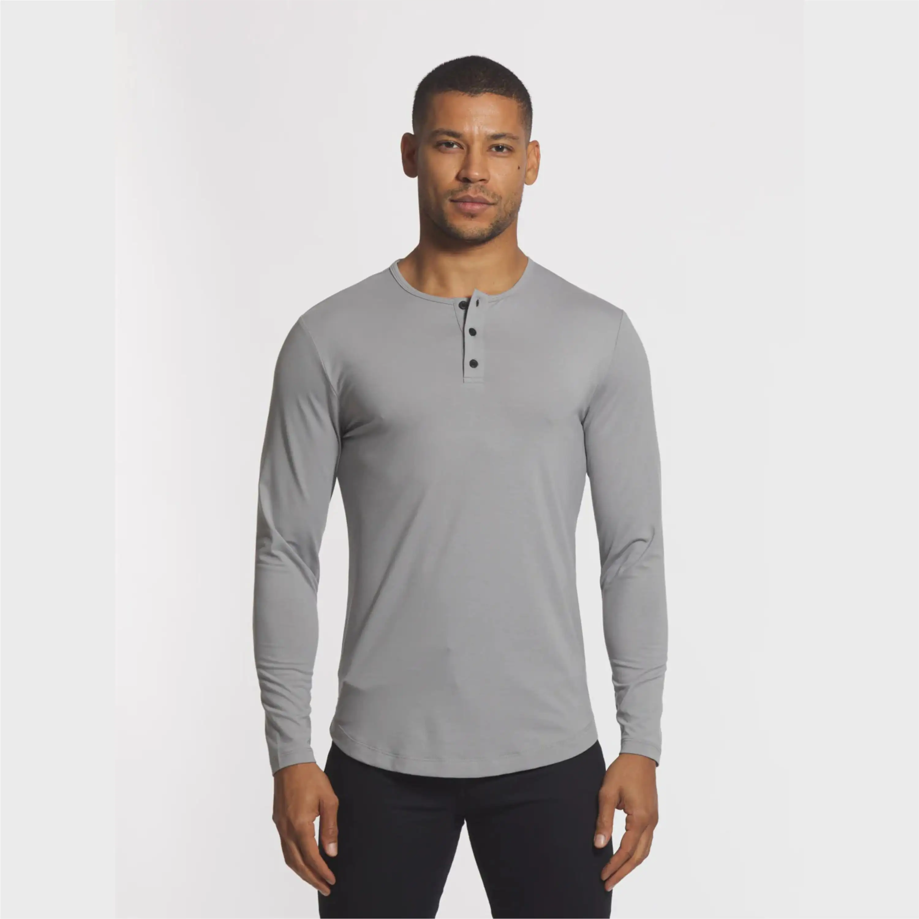 Custom Logo Buttery Soft 62% Polyester 33% Cotton 5% Spandex Signature Fit Long Sleeves Henley Curve Hem Granite Shirt