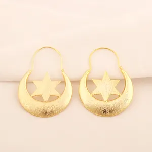 Latest collection brushed finish plain jewelry star hoop earring solid brass yellow gold plated for women's hoop bali earrings