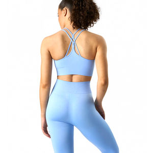 Conjunto Deportivo de 2 Piezas para Mujer, Talla Grande, Color Azul Cielo, Sin Costuras, con Cinturón de Encaje Acanalado, Leggings de Cintura Media para Yoga y Ejercicio - Product Image 3