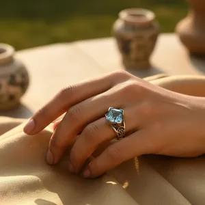 Bague ovale en topaze bleue en argent 925 plaqué rhodium géométrique pour femmes - Certifiée IGI - Product Image 2