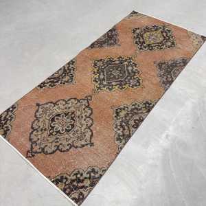 3x6.7 ft Vintage Accent Rug, <b>Brown</b> Yellow Turkish Ikat <b>Wool</b> Rug - Product Image 2