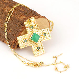 Collier pendentif croix chrétienne style bohème plaqué or 18 carats avec chalcédoine chryso et minuscules oxydes de zirconium aquatiques, bijoux hip-hop - Product Image 4