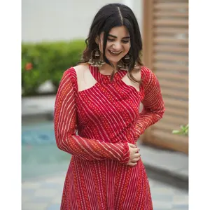 Ensemble de tenue de sport décontractée Rahi Red Bandhej, tissu en mousseline de soie pure, motif brodé, style droit, tailles XXL XL, cheville - Product Image 4