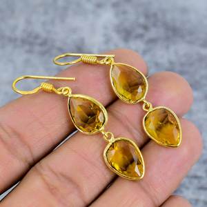 Pendientes de Plata de Ley 925 con Gema de Citrino en Forma de Gota, Pendientes con Bisel Chapado en Oro, Pendientes Finos para Mujer - Product Image 1