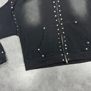 Custom Vintage Thermal Waffle Hoodie <b>Men</b> Heavyweight Zip up Acid Washed Sun Faded 100% Cotton Hoodies with Metal <b>Stud</b> Streetwear - Product Image 3