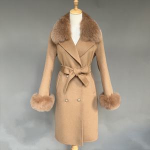 Áo khoác len và pha len thời trang mùa đông nữ, cổ lông cáo thật, áo khoác cashmere có dây lưng dành cho nữ - Product Image 3