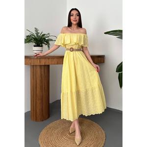 Yellow Off-Shoulder Broderie Anglaise <b>Dress</b> - Yellow - Product Image 1