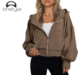Onstyle Sports femmes à la mode cropped hoodie zip up front long sleeve casual hooded top streetwear short length wear - Product Image 2