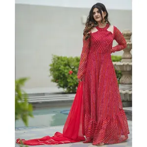 Ensemble de tenue de sport décontractée Rahi Red Bandhej, tissu en mousseline de soie pure, motif brodé, style droit, tailles XXL XL, cheville - Product Image 2