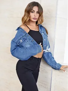 Veste en jean pour femme de couleur bleu clair, best-seller, personnalisable, tissu en coton, col montant avec fourrure, séchage rapide, vêtement d'hiver - Product Image 3