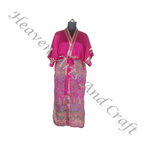 KL004 Bohemian Indian Handmade Vintage Silk Sari Floral Printed Nightwear Bathrobe Maxi <b>Dress</b> Ethnic Beach Summer Wholesale - Product Image 2