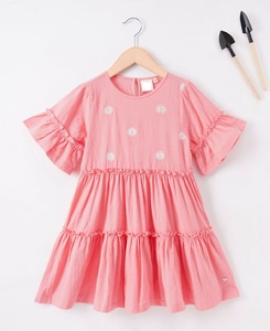 Robe de plage décontractée mi-mollet rose unie en coton écologique à volants pour filles, manches régulières, col rond, pour l'été - Product Image 1