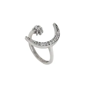 Bague délicate en argent sterling 925 pour femme, motif géométrique lune et étoile, avec zircon ovale, plaqué rhodium - Product Image 2