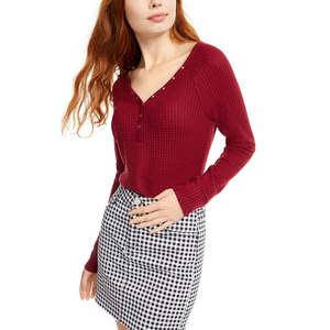 Maglietta Henley in Maglia Waffle Ultra Flirt per Ragazze, Rossa Taglia XS con Decorazione a Bottoni e Motivo a Righe Stampato per la Stagione Primaverile - Product Image 1