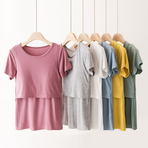 Pyjama <span class=keywords><strong>de</strong></span> <span class=keywords><strong>grossesse</strong></span> à manches courtes en coton Modal pour femme, vêtements <span class=keywords><strong>de</strong></span> <span class=keywords><strong>nuit</strong></span> d'<span class=keywords><strong>allaitement</strong></span> - Product Image 1