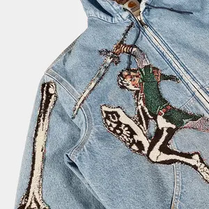 Vente en gros Veste à capuche zippée en denim Sweat à capuche mode graphique brodé en fourrure surdimensionné OEM ODM - Product Image 6