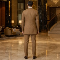 Jas Pria Cognac Tan Longline Double Breasted Wide Peak Lapel Kancing Emas Jas Bisnis Formal Pesta Custom Made to Measure