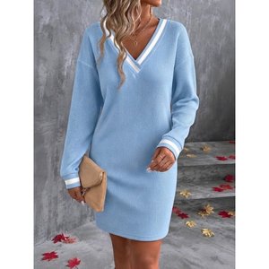 Vestido Corto con Cuello en V y Manga Larga para Mujer, 38497 - Azul - Product Image 2