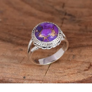 แหวนหินกลมสีทองแดงเทอร์ควอยส์สีม่วง925แหวนเงินแท้วงแหวนถักลวดลายเป็นเส้นทำด้วยมือ - Product Image 2