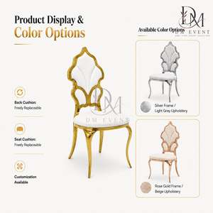 Silla de Recepción para Bodas de Acero Inoxidable Dorado con Respaldo de Medallón Ornamentado y Cojín Blanco para Salones de Banquetes, Venta al Por Mayor - Product Image 5