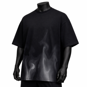 OEM Custom Washed Black Oversized T <b>Shirt</b> for Men Soft Cotton Streetwear <b>Flame</b> Design Wholesale Summer Top - Product Image 3