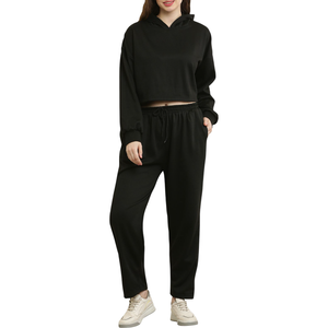 <b>Women's</b> Wholesale Fitness Tracksuit Drop Shoulder <b>Warm</b> Long Sleeve Crop <b>Top</b> Hoodie & Sweatpants for Sportswear Style - Product Image 1