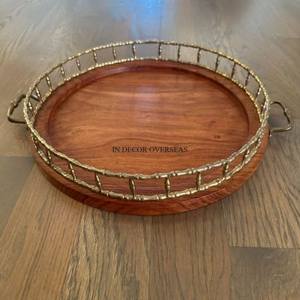 Superior Quality Acacia Wooden And High Grade Gold Plated Metal Made Unique Designer Round Shape Serving <b>Tray</b> In Lowest Price - Product Image 1