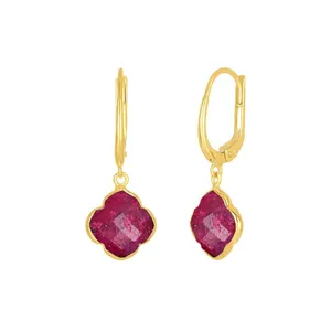 Dyed Ruby Gemstone 12mm Clover Shape 925 Sterling Silver Gold Vermeil Bezel Set Hoop Earrings Women Earrings Earring Supp