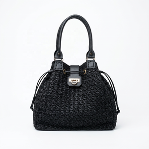 Bolso de Rafia Tejido a Crochet Estilo Vintage para Mujer, con Forro de Poliéster, Color Negro Suave, para Todas las Temporadas, Cierre Personalizado - Product Image 1