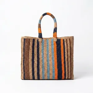 Sac fourre-tout bohème en crochet de raphia à rayures, grande capacité, sac à main décontracté pour femme, usage quotidien, deux poignées, ouverture supérieure - Product Image 5