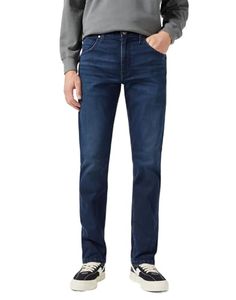 Jean en denim délavé foncé coupe droite taille mi-haute pour homme – Pantalon décontracté bleu uni - Product Image 1