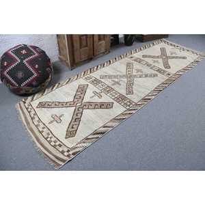 Alfombra Turca Herki de 3.3x10.5 pies, Alfombra de Lana Vintage Blanca con Diseño Abstracto - Product Image 2