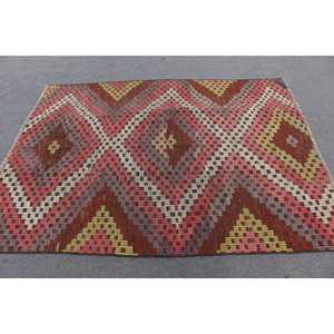Vintage Rug, Area 4.4x6.3 ft Turkish Rug, <b>Red</b> Pink Abstract <b>Wool</b> Rug - Product Image 2