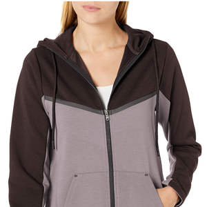 Sweat-shirt à capuche zippé bicolore à manches longues pour femmes avec poches - Product Image 3