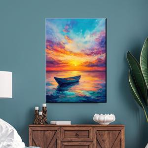 ภาพพิมพ์บนผ้าใบ: ภาพศิลปะติดผนังเรือหลากสีสันยามพระอาทิตย์ตกดิน พร้อมทิวทัศน์ทะเลที่สดใส ห่อหุ้มอย่างดี - Product Image 1