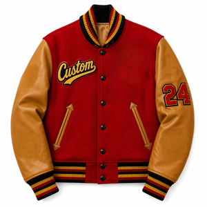 Veste universitaire unisexe JOXAI SPORTSWEAR rouge avec manches en similicuir marron, patch en chenille numéro 24, boutons pression, style collège - Product Image 1