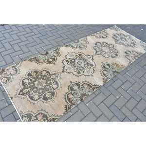 Vintage Runner Rug 3.3x9.2 ft, <b>Brown</b> Pink Check Rug <b>Wool</b> - Product Image 2