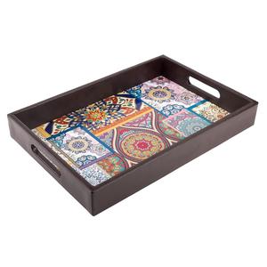 Plateau de service carré en bois de manguier fait à la main avec motif tribal imprimé et poignées découpées, plat en bois décoratif pour la décoration de la maison - Product Image 2