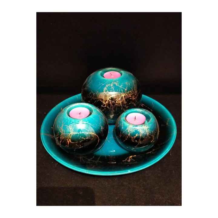 Decorative Ceramic Candle Holder Set of 3 and Plate Emerald Green