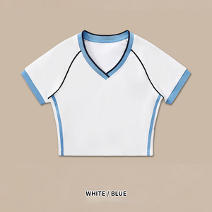 Camiseta Corta de Verano <span class=keywords><strong>para</strong></span> <span class=keywords><strong>Mujer</strong></span>, Estilo Americano Vintage, con Cuello en V, Manga Corta, Rayas y Ribete en Contraste, Ajustada, Tejido de Punto, Venta al por Mayor - Product Image 6