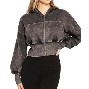 Personalizado Nuevo Diseño Vintage Logo Soft Wear Drop Shoulder Mujeres Hood Acid Wash Zipper Crop Hoodie - Product Image 4