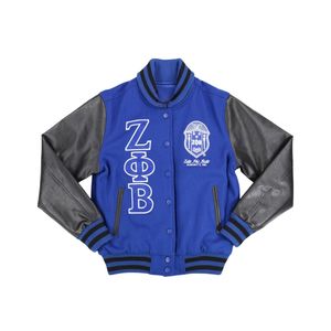 Zeta Phi Beta Sorority Wool Varsity <b>Jacket</b> <b>Royal</b> <b>Blue</b> Body Black Leather Sleeves Chenille Embroidery Greek Life Apparel - Product Image 1