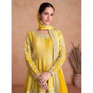 Conjunto de Traje Sharara Salwar de Chinon Amarillo con Bordado Atractivo para Mujer - Product Image 2