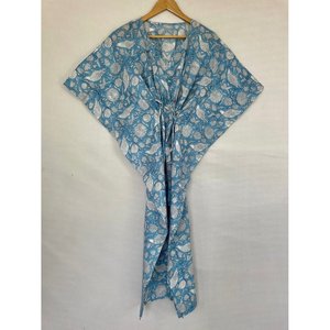 <b>Summer</b> <b>Kaftan</b> Pure Cotton Indian Block Print Floral Beach Cover XL Size Comfortable Maternity Dress for Leisure - Product Image 5