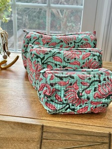 Le Souvenirs Vintage Hand Block Print Cotton Cosmetic <b>Bags</b> Set <b>Zipper</b> Closure-Durable Water Resistant Eco-Friendly Large Travel - Product Image 3