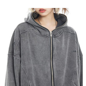 Sudadera con capucha desgastada de algodón de alta calidad de gran tamaño Vintage lavado con ácido Full Zip Up Hoodie con bolsillos sudaderas sueltas personalizar hacer - Product Image 2