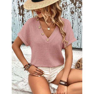 เสื้อเบลาส์ผ้าถักคอวีแขนสั้นผู้หญิง 36662 -สีชมพู - Product Image 1